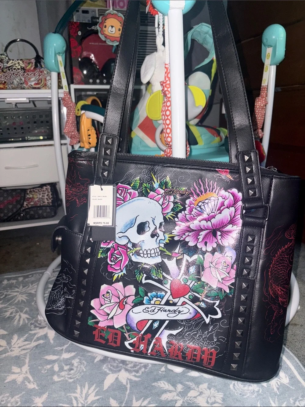 Ed Hardy Black Tote with Pink Floral Skull Graphic